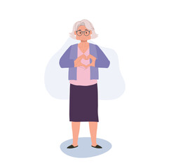 Obraz premium health care concept. Grandmother, Senior Woman doing hand sign heart gesture. Flat vector cartoon illustration