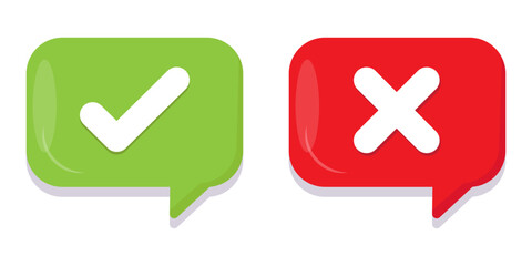 Right wrong symbol in call out style icon set in black and white. Right, Wrong mark. Vector set of flat round check mark, X mark icons, Checkmark in red and green color.