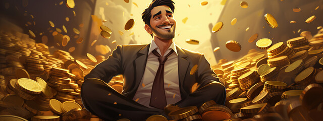 A happy businessman in a pile of golden coins