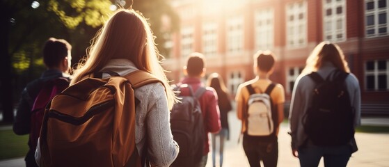 A joyful group of students with backpacks is heading to school together. Generative AI