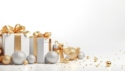 Beautiful Christmas composition with balls and gifts on a white background