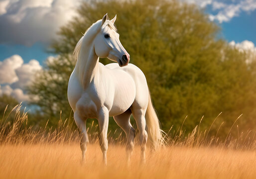 A white horse stands in a clearing against the background of trees in nature