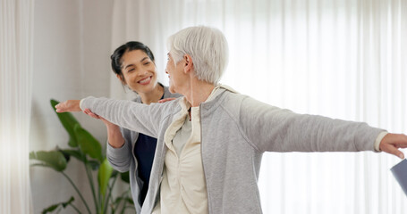 Physiotherapy, stretching and senior woman assessment, clinic rehabilitation or support on physical...