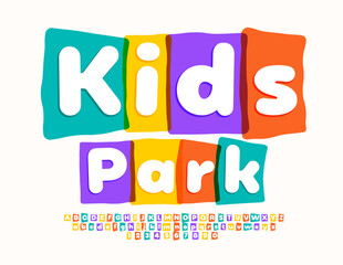 Vector trendy sign Kids Park with set of bright Alphabet Letters, Numbers and Symbols. Childish artistic Font