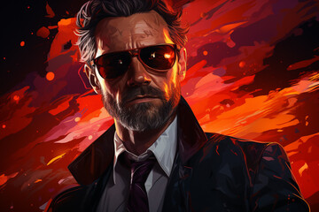 Fototapeta premium serious and stylish man in sunglasses and black coat, formal clothes, action movie hero