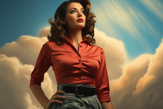 Beautiful woman in red shirt, pin-up style, portrait on blue sky with clouds background