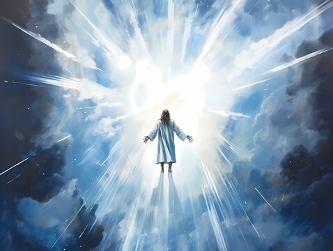 The artwork depicts the awe - inspiring arrival of the Messiah on Earth, descending through an open sky, against a serene blue minimalistic background