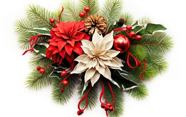 Fototapeta na wymiar Festive congratulatory banner comprises Creative Christmas bouquet of fir branches in the shape of a Christmas tree on white background