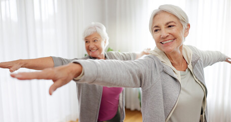 Exercise, yoga and senior woman friends in a home studio to workout for health, wellness or...