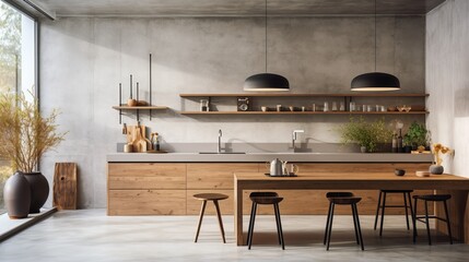 Minimalist interior of a loft kitchen with modern furniture. Generative AI