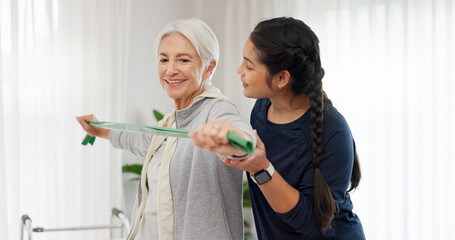 Physiotherapy, arm stretching band or old woman assessment, exercise or workout for chiropractic rehabilitation. Physical therapy consultation, support or physiotherapist helping senior happy patient