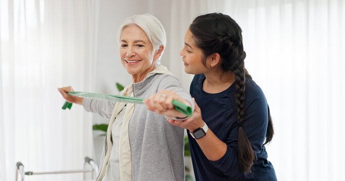 Physiotherapy, arm stretching band or old woman assessment, exercise or workout for chiropractic rehabilitation. Physical therapy consultation, support or physiotherapist helping senior happy patient