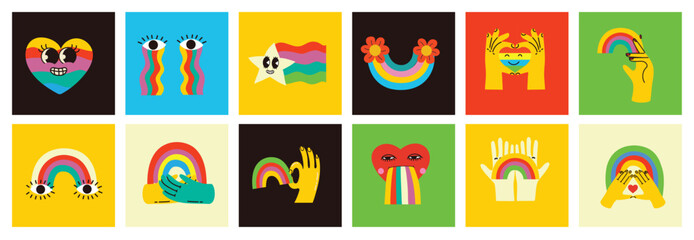 Pride LGBTQ icon set of related symbols set in rainbow colors: Pride Flag, Heart, Peace, Rainbow, Love, Support, Freedom Symbols. Gay Pride Month. Flat design signs isolated on white background