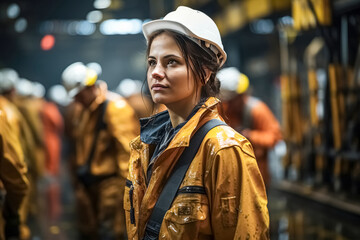 Frau in Arbeitsschutzbekleidung und Helm als Technikerin in der Öl- und Gasindustrie. Im Hintergrund weitere Fachkräfte des Einsatzteams. - 632229150