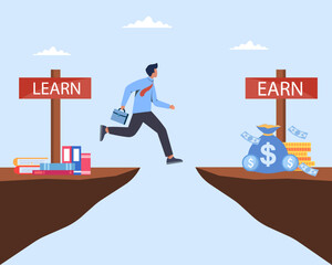 Employee jumps over learning to earning Education and earnings concept