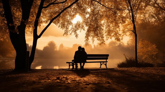 Silhouette of Two Lovers in a Park, Generative AI