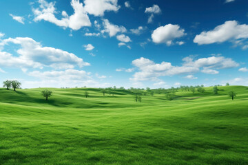Beautiful green field with cloudy sky. Generative AI
