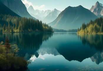 Fototapeta na wymiar Experience the serenity of tranquil lakes embraced by majestic mountains or lush forests in this captivating image collection, celebrating the beauty of nature's landscapes