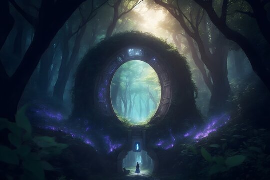 Enter a wondrous world as a magical portal opens in the heart of a dense forest, unveiling a hidden realm filled with enchantment and mystery