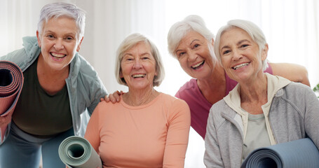 Yoga, class and face of senior happy people for retirement exercise, club membership and community wellness. Pilates friends, group portrait and elderly women at training, fitness and workout studio