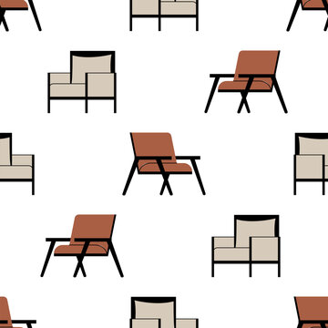 Seamless pattern with modern minimalist armchairs. Vector flat background with home furniture