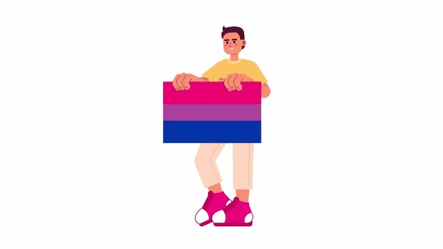 European white man holding bi flag 2D character animation. Pride parade love is love flat cartoon 4K video, transparent alpha channel. Smiling guy coming out animated person on white background