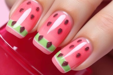 Woman's fingernails with pink and green watermelon nail art design