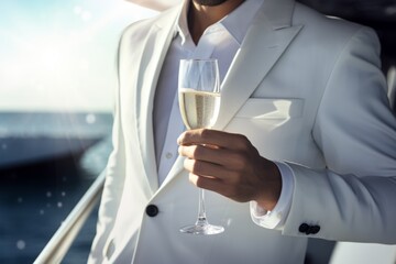 Young rich prosperous confident businessman stylish fashionable man guy male in white trendy suite holding glass of champagne on luxury yacht vacation dating luxurious traveling wealth lifestyle
