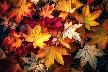 Naklejka na ściany i meble orange autumn background with fallen golden maple leaves. Generative AI