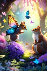 butterfly, squirrel and flowers