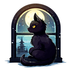 Black cat in the moonlight in front of a window, Cute sticker style