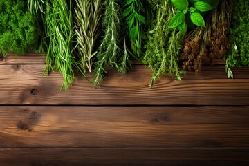 Fresh Herbs on Wooden Background. Green Rosemary and Thyme in Garden. Healthy Herbal Elements on Wood with Space for Text: Generative AI