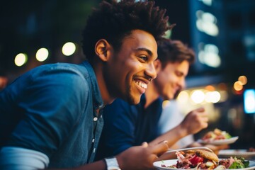 Happy multi-ethnic interracial multiracial people friends celebration diverse persons men women group party happiness smiling laughing friendship joy garden BBQ family diversity communication outdoors