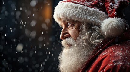 Santa's Winter Journey: Close-Up Back View in the Snow. Generative AI - obrazy, fototapety, plakaty