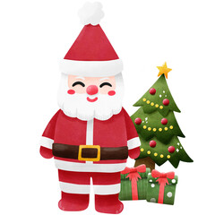 hand drawn Santa Claus with christmas tree and gift box png illustration, winter concept isolated background.