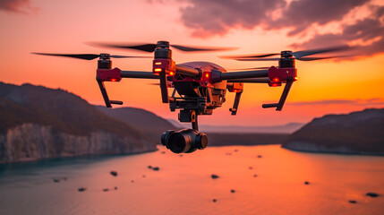 drone in the sky filming the sunset in the evening generative ai