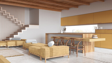 Modern wooden living room and kitchen in white and yellow tones. Sofas, island with chairs and resin floor. Beams ceiling, japandi minimal interior design