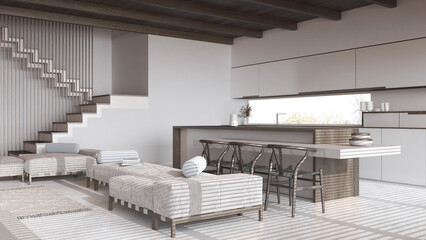 Modern dark wooden living room and kitchen in white and beige tones. Sofas, island with chairs and resin floor. Beams ceiling, japandi minimal interior design © ArchiVIZ