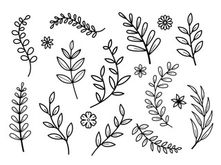 set of tree branches with leaves and flowers line style on white background