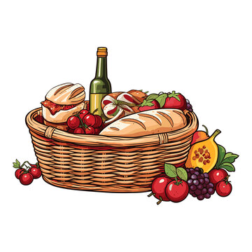 recommend clip art: A picnic basket on a blanket, with food surrounding it. Illustration. Sticker style.