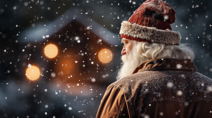 Santa's Winter Journey: A Magical Back View. Generative AI - obrazy, fototapety, plakaty