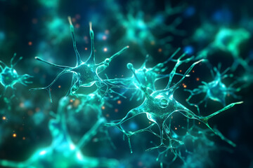 Naklejka na ściany i meble AI Generated illustration, neuron cells, glowing link knots. Neuron cells sending electrical impulses.