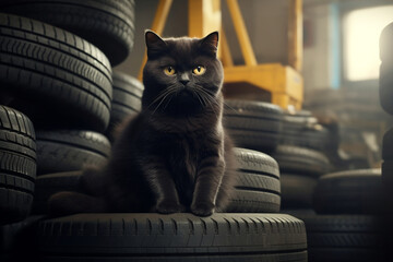 The cat is an employee of a tire store or an employee of a wheel workshop, tire fitting. Funny illustration. AI generated.