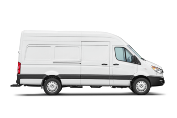 Delivery van side view isolated. Side view of a modern blank cargo minibus. Transparent PNG image.