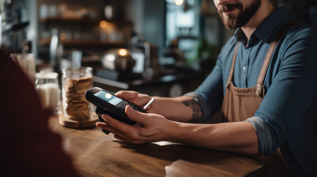 young barista uses the mobile phone to accept payment