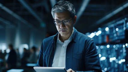 Portrait of Serious Senior Professional Technical Controller in the modern server room of a large IT company. System Control and Monitoring Center In the Background. Generated Ai