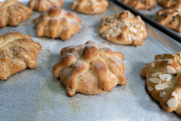 A fresh baked Day of the Dead bread with sugar
