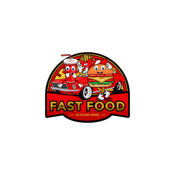 fast food logo vector template, delivery food with burger, drink and car icon vector