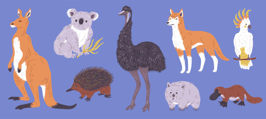 Set of Australian wild animals, flat vector illustration isolated on blue background.