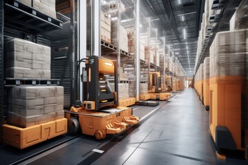 automated forklifts transporting goods in warehouse - obrazy, fototapety, plakaty